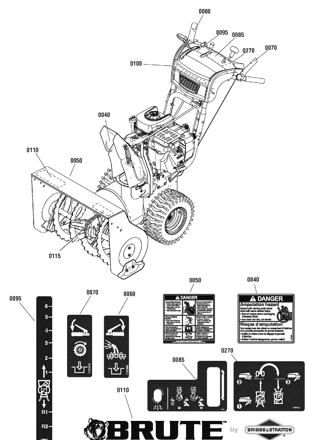 Decals Diagram and Parts List for 1695874 2010 Briggs and Stratton Snow Blower